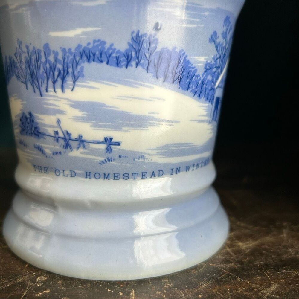 Vintage Currier & Ives The Homestead In Winter Blue Porcelain Shaving Cup Mug - Picture 5 of 7